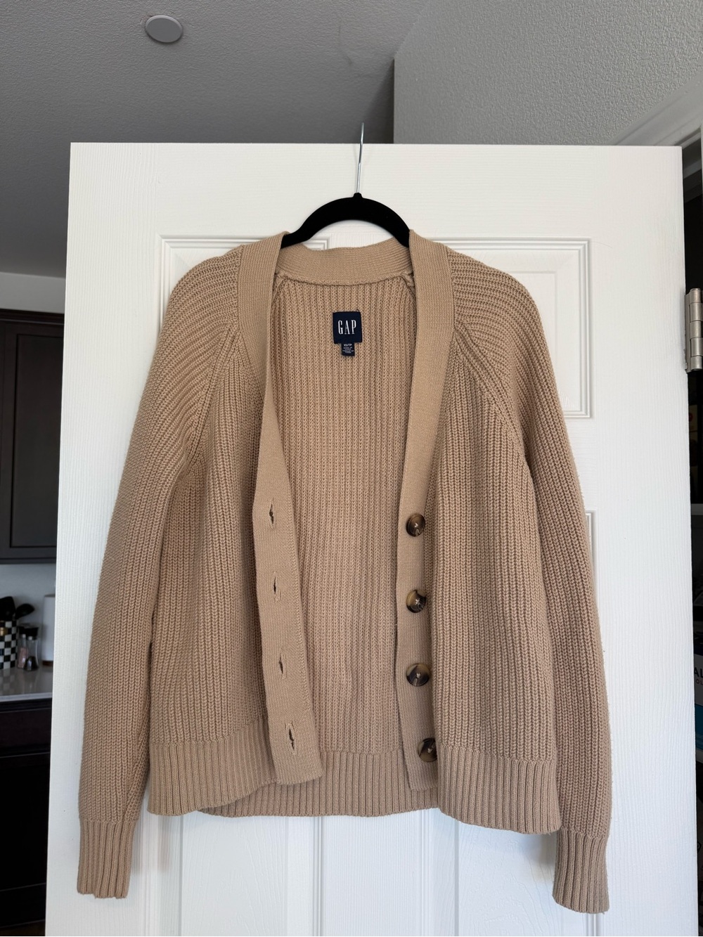 GAP Women's Tan Rib-Knit Button Cardigan Sweater